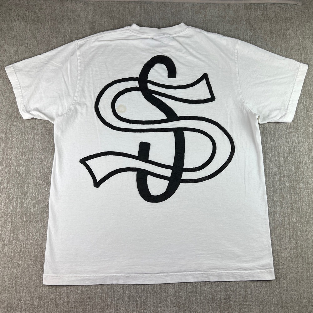 Stussy Puff Print T-Shirt Mens Large White Made in USA Streetwear Skate Distress